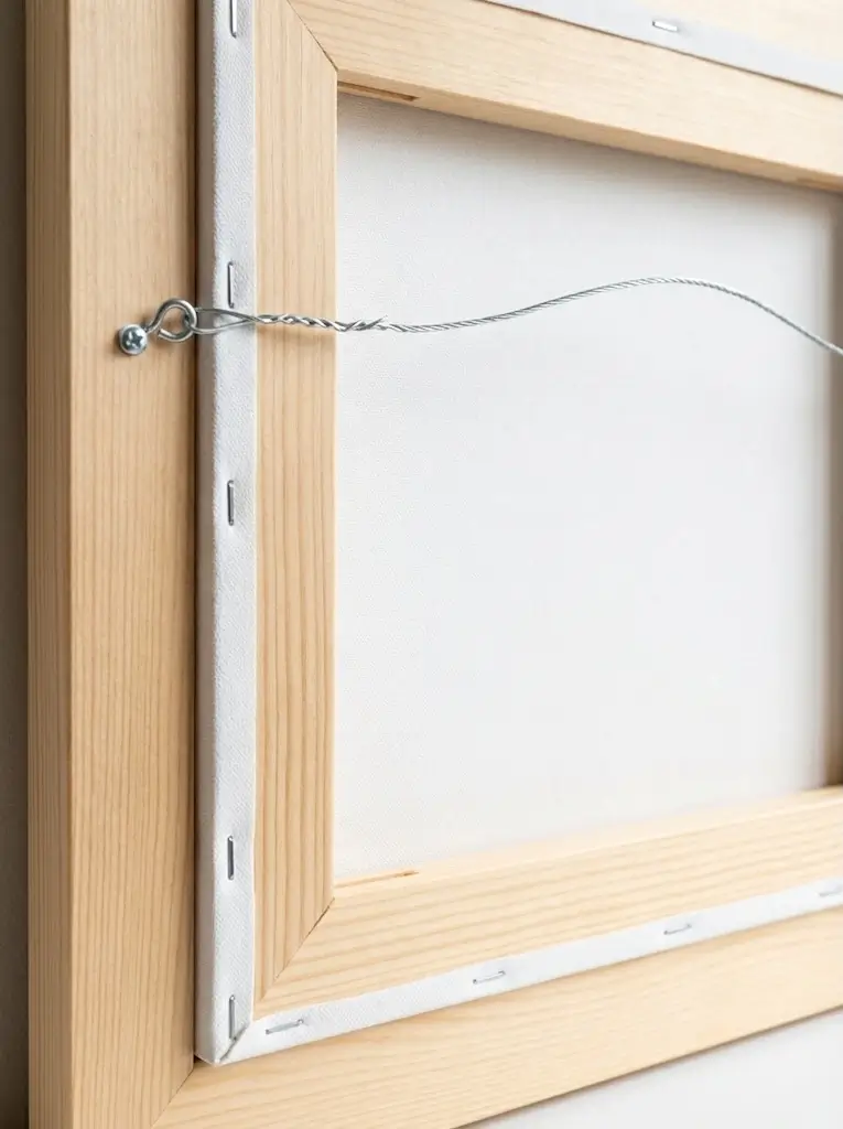 Canvas print back with hanging wire installed