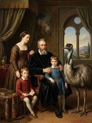 Family portrait painting of parents, two boys and an emu