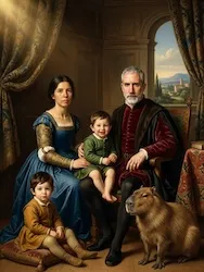 Old Master family portrait with two children and a capybara
