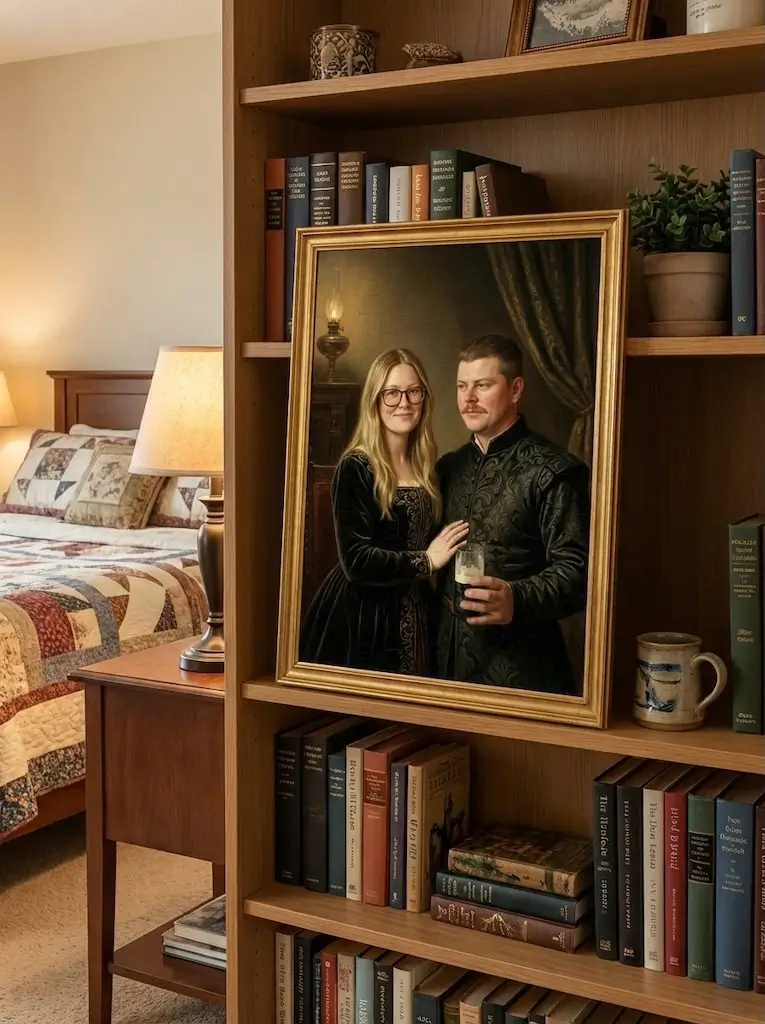 Canvas portrait hanging above a living room sofa