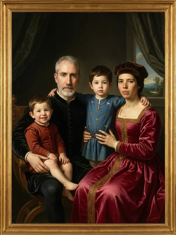 Renaissance-style family portrait of two parents and two young boys in a gold frame