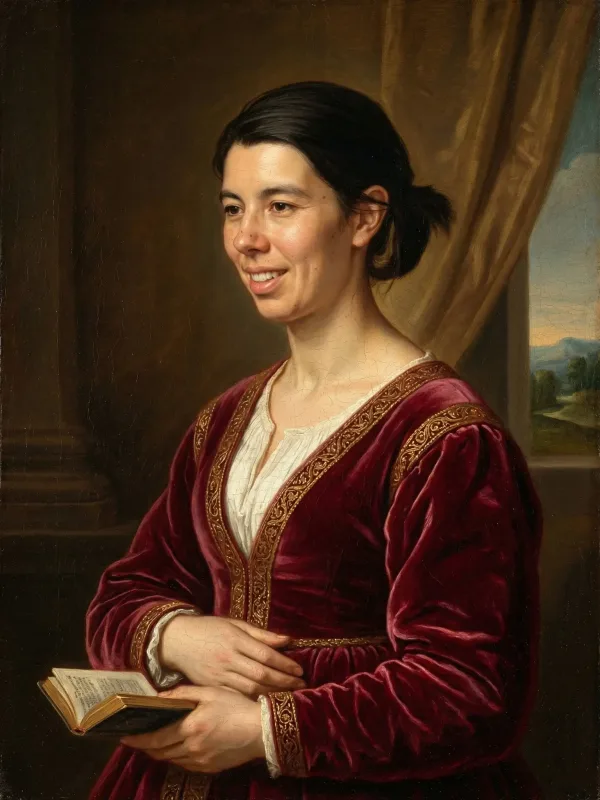 Renaissance-style painted portrait of a woman in a red velvet dress holding a book